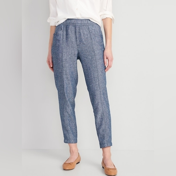 High-Waisted Chambray Cropped Linen-Blend Tapered Small Blue Pants-Women OldNavy - Picture 2 of 13